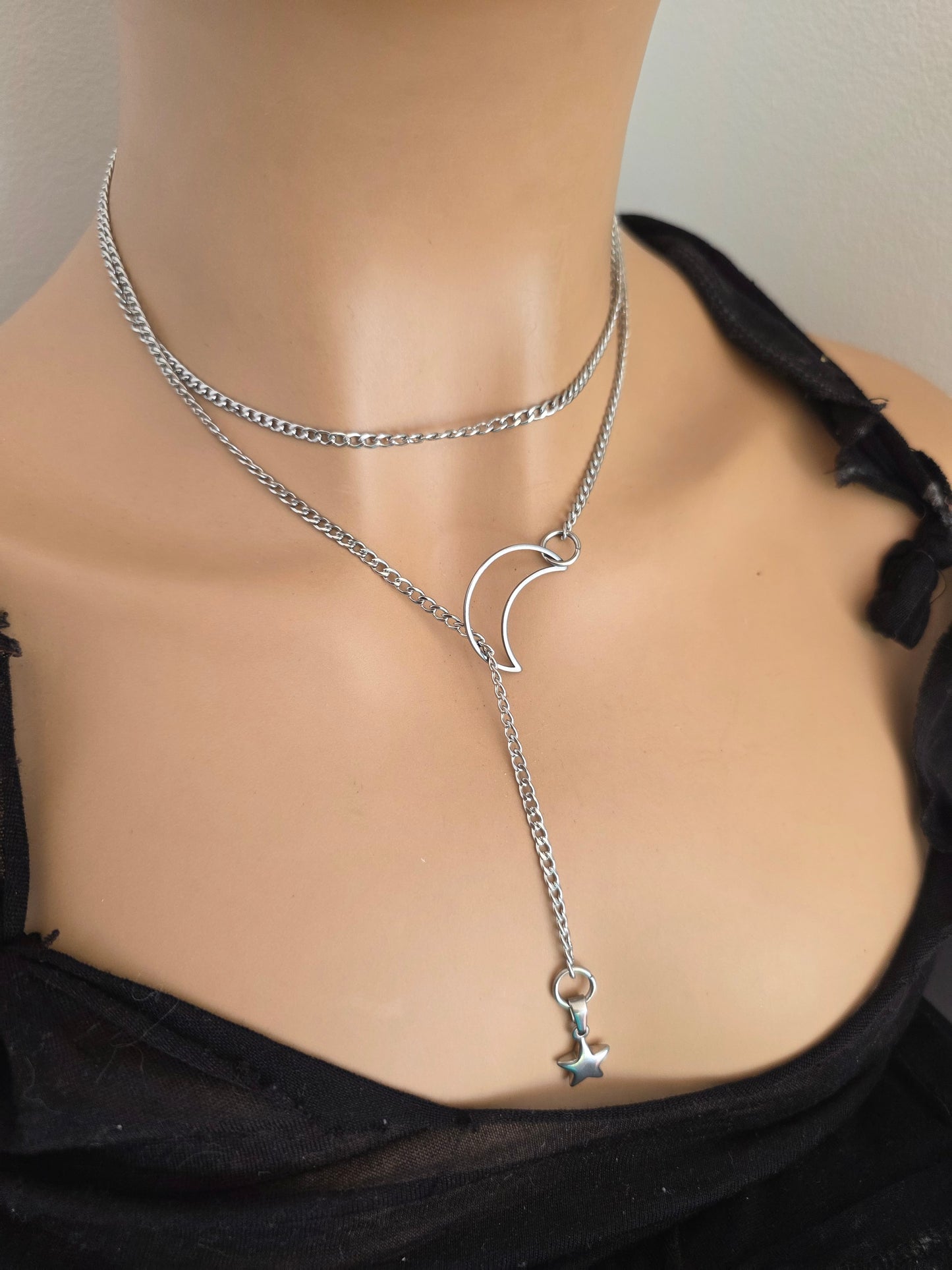 Lasso de Maan & Ster Steel Lariat Choker Wrap Gelaagde Ketting | Heidense Heks Esthetiek