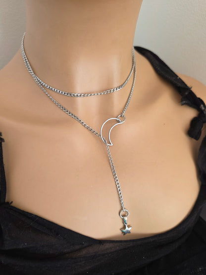 Lasso de Maan & Ster Steel Lariat Choker Wrap Gelaagde Ketting | Heidense Heks Esthetiek