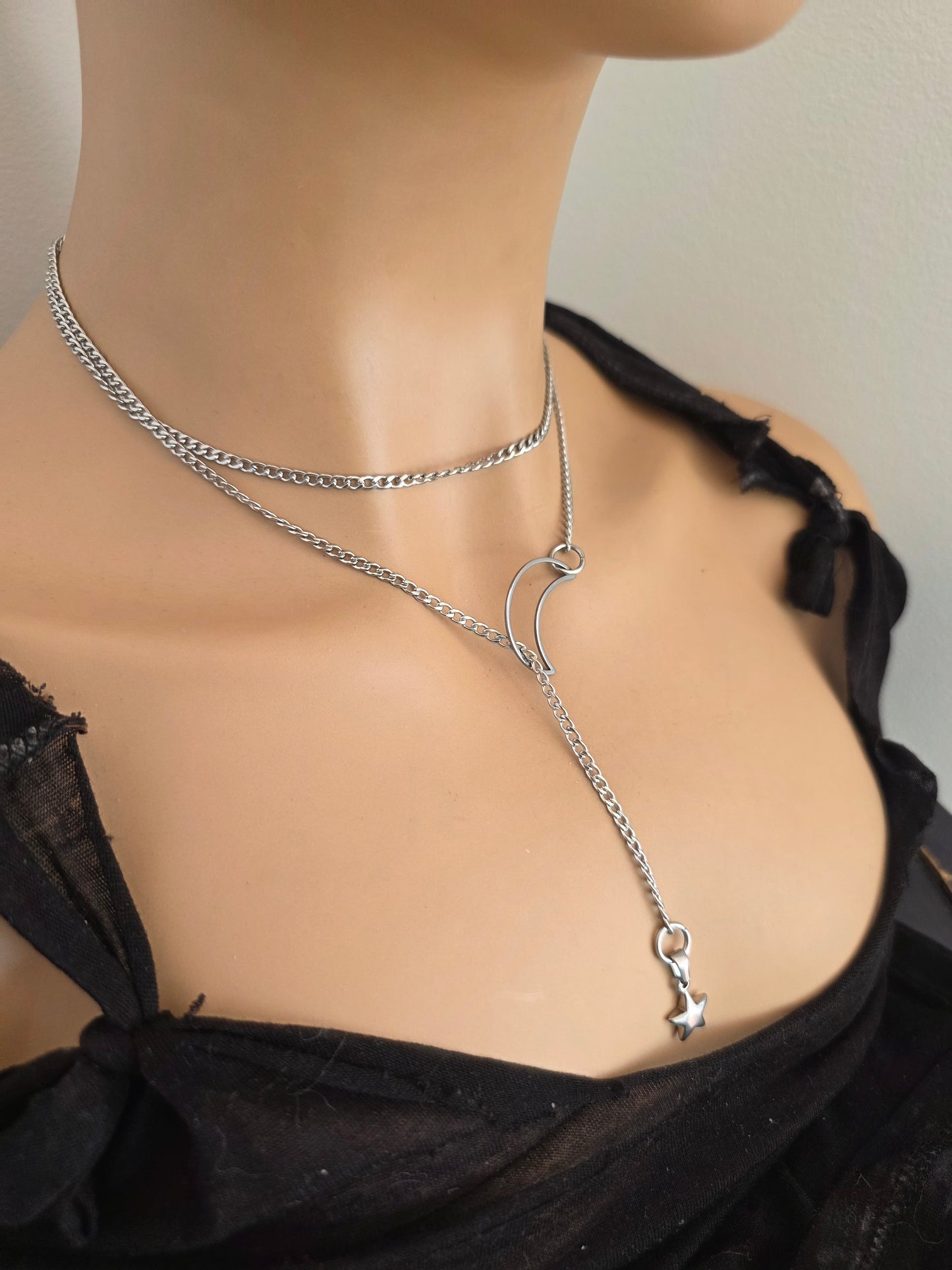 Lasso de Maan & Ster Steel Lariat Choker Wrap Gelaagde Ketting | Heidense Heks Esthetiek