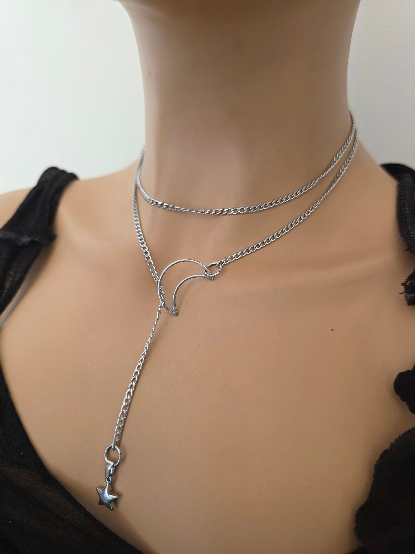 Lasso de Maan & Ster Steel Lariat Choker Wrap Gelaagde Ketting | Heidense Heks Esthetiek