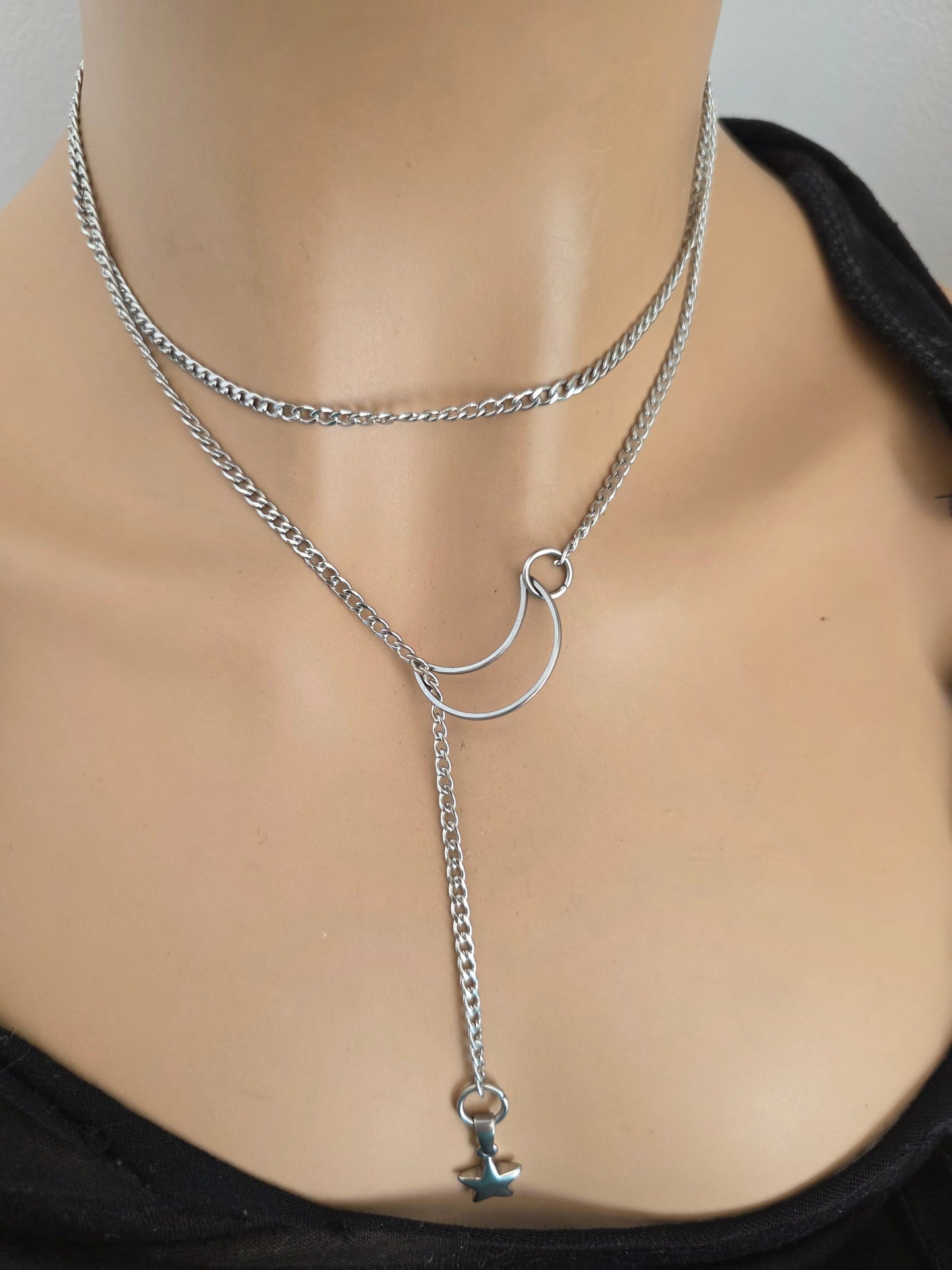 Lasso de Maan & Ster Steel Lariat Choker Wrap Gelaagde Ketting | Heidense Heks Esthetiek