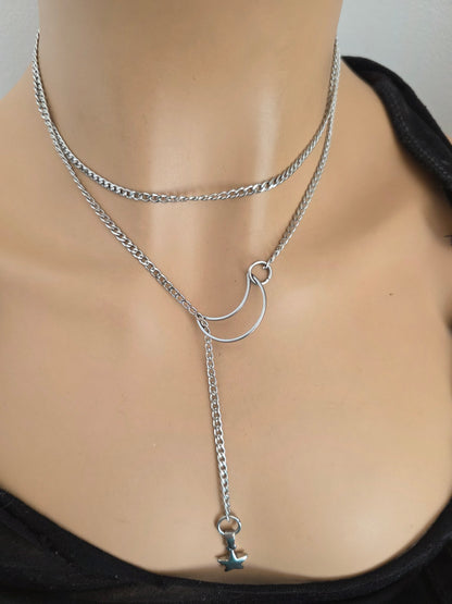 Lasso de Maan & Ster Steel Lariat Choker Wrap Gelaagde Ketting | Heidense Heks Esthetiek