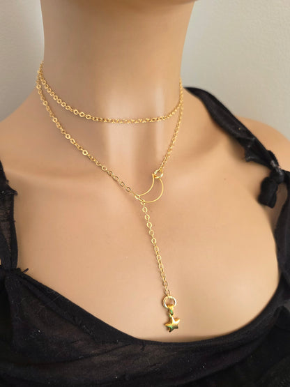 Gold Crescent Moon and Star Lariat Choker Wrap Layer Necklace | Joyería Celestial Witch