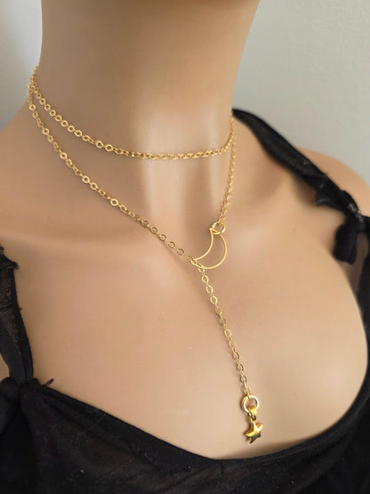 Gold Crescent Moon and Star Lariat Choker Wrap Layer Necklace | Joyería Celestial Witch