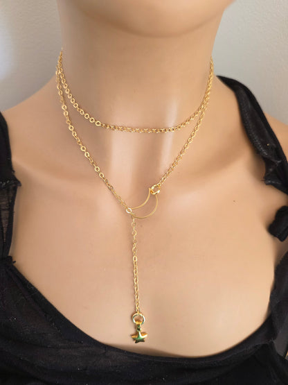 Gold Crescent Moon and Star Lariat Choker Wrap Layer Necklace | Joyería Celestial Witch