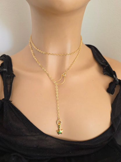 Gold Crescent Moon and Star Lariat Choker Wrap Layer Necklace | Joyería Celestial Witch