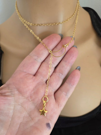 Gold Crescent Moon and Star Lariat Choker Wrap Layer Necklace | Joyería Celestial Witch