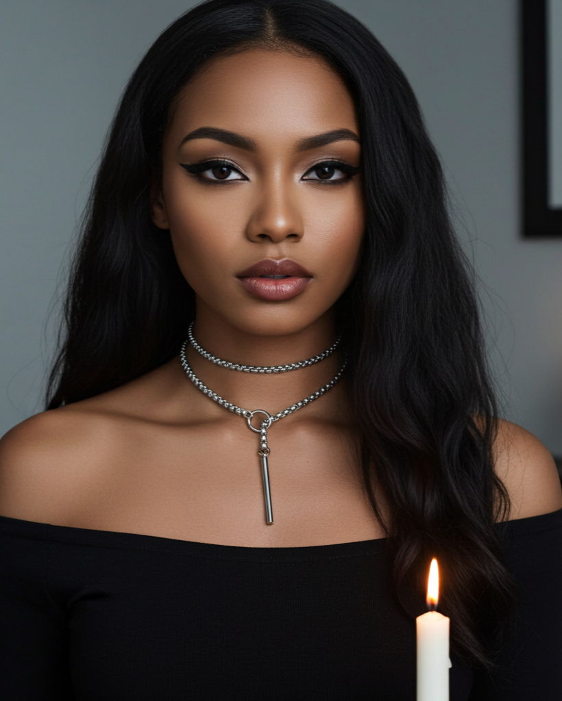 Woman wearing a black off-shoulder top and layered necklaces with a candle in the background.