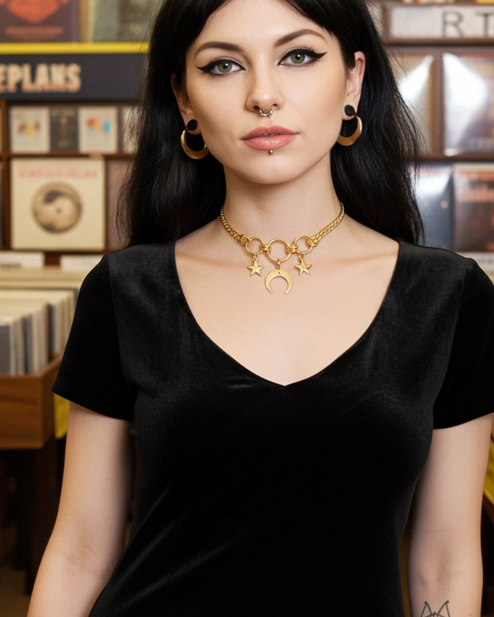 Woman in a black top with gold jewelry in a record store