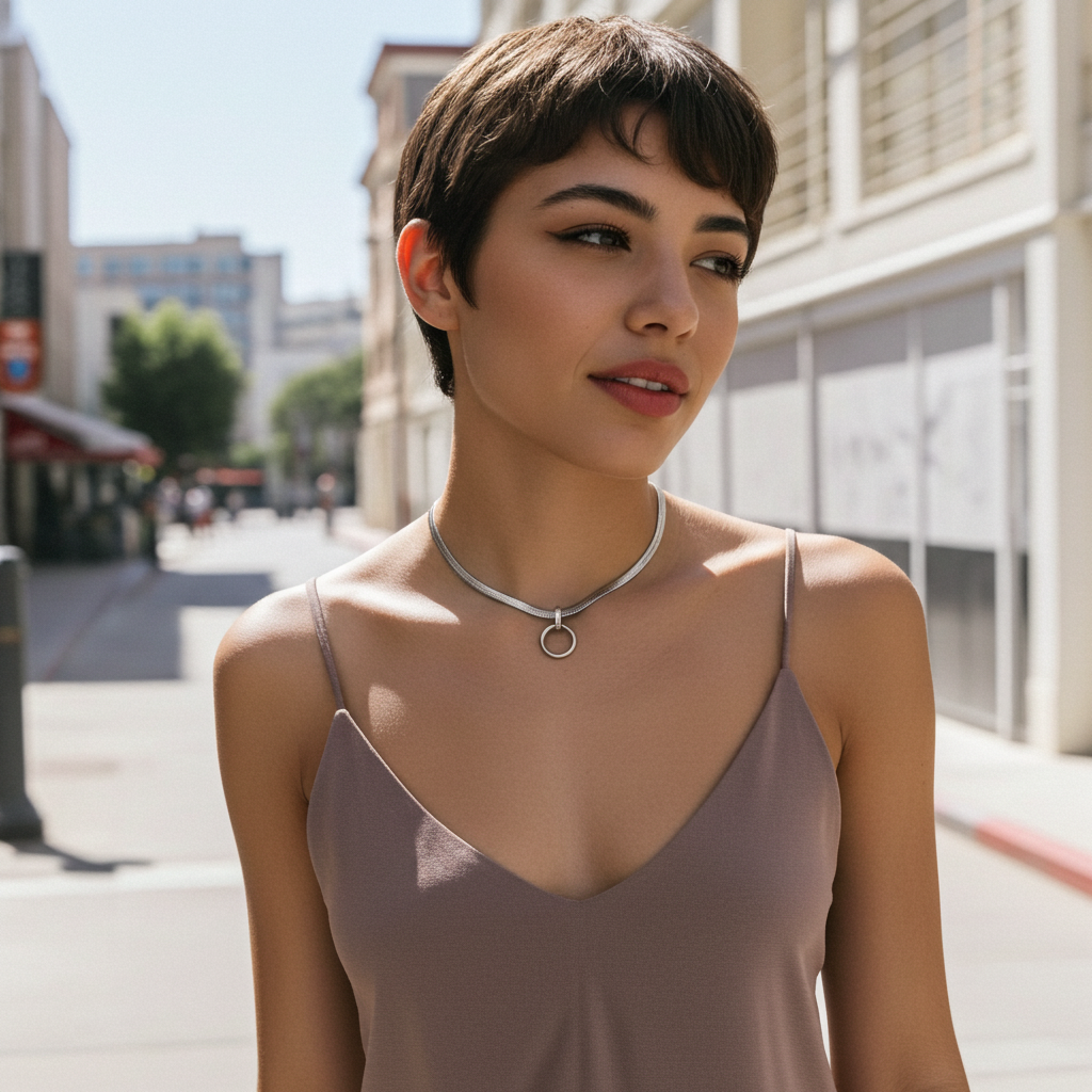 Woman wearing a necklace on a city street
