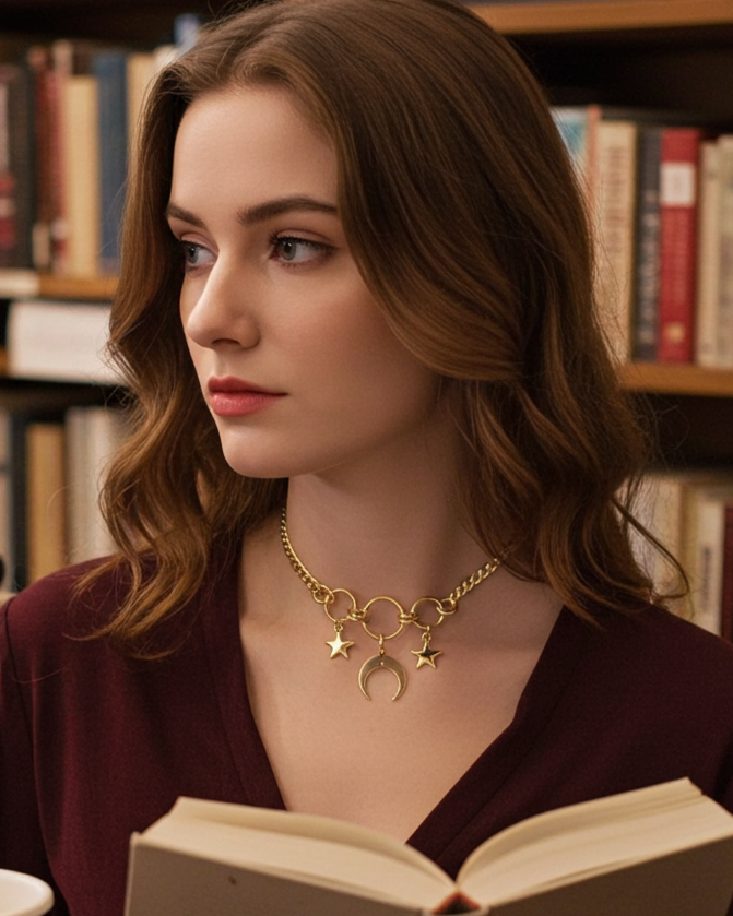 Gold Luxus Elegante Submissive Style Tag Halsband Choker Halskette Mond & Sterne mit Permanent Lockinng Option