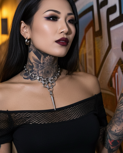 Lattice Chainmail Steel & Spike Gothic Choker Bib Necklace