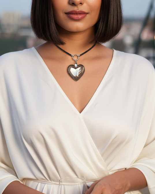 Woman in a white dress with a heart-shaped necklace standing outdoors.