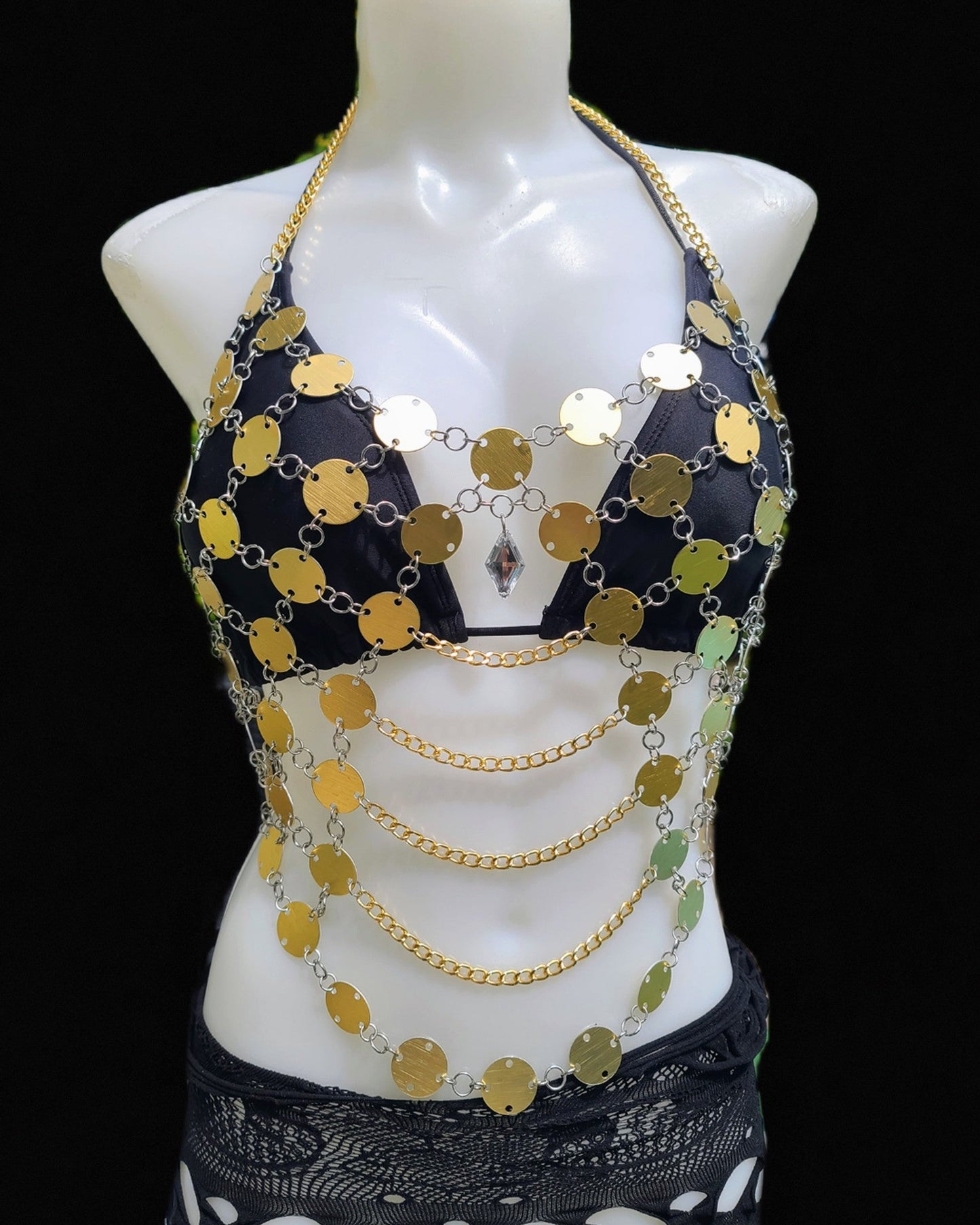 Aurelia Disc Body Chain – Handcrafted Aluminum Coin Body Jewelry – Festival Goddess Top – Bridal Metal Adornment