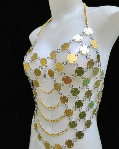 Aurelia Disc Body Chain – Handcrafted Aluminum Coin Body Jewelry – Festival Goddess Top – Bridal Metal Adornment