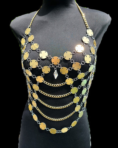 Aurelia Disc Body Chain – Handcrafted Aluminum Coin Body Jewelry – Festival Goddess Top – Bridal Metal Adornment