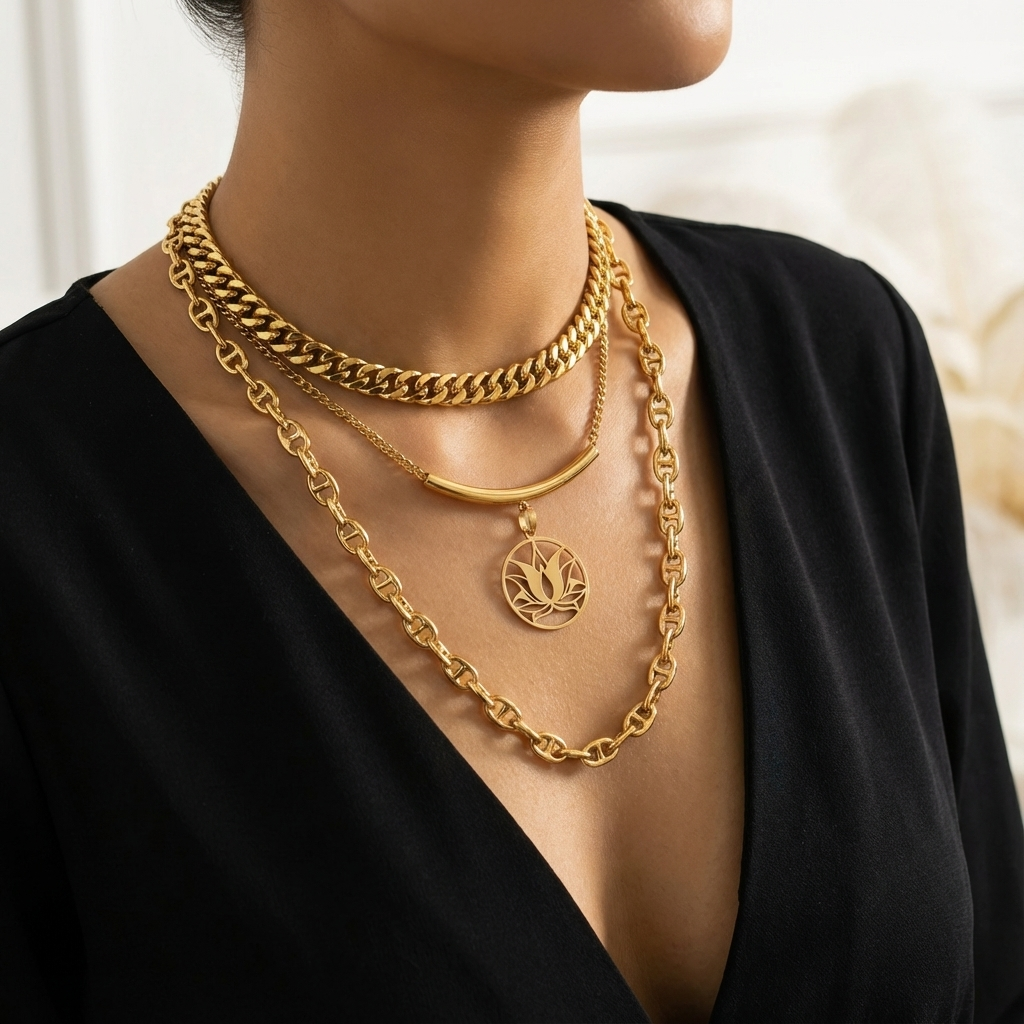 Gold Layered Multi Strang Chunky Kette Lotus Anhänger Halskette Set