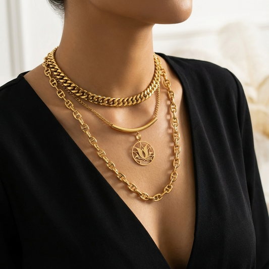 Gold Steel Layered Necklace Set - Lotus | Symbolic | Gold Maximalist Necklace