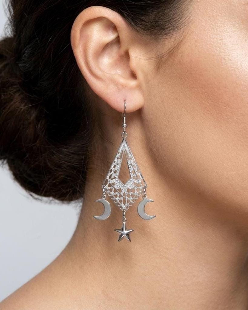 Crescent Moon Star Chandelier Dangle Earrings: Stainless Steel Witchy Celestial Jewelry