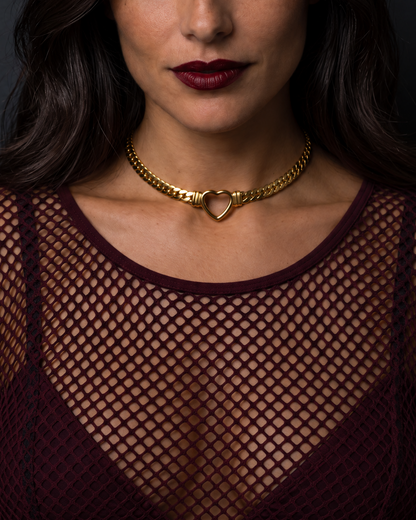 Gold Plated Steel Day Collar Heart Choker - Flat Chain - Adjustable & Locking Options