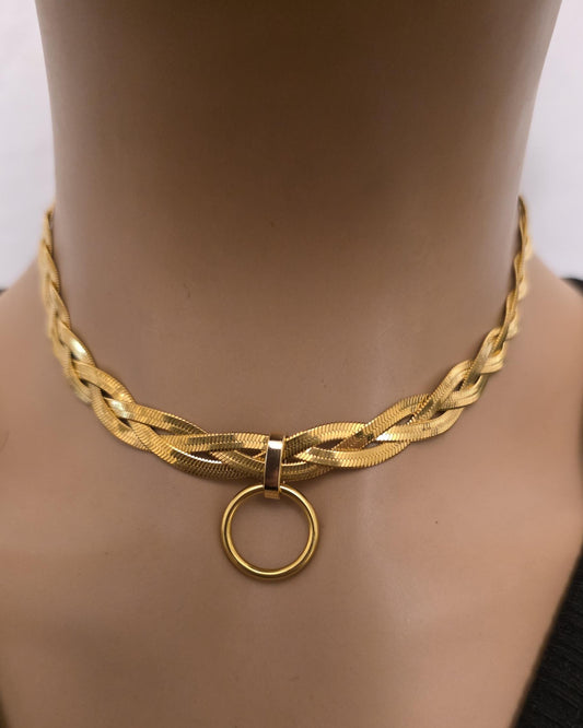 Gold Braided Herringbone Day Collar Choker Necklace, Permanent Locking Clasp Option, Intimate BDSM Jewelry