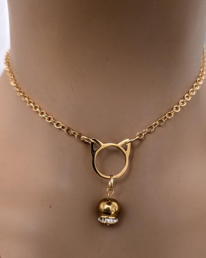 Gold Kitten Bell Kitty Cat Day Collar Choker Intimate Partner Necklace Coquette with Permanent Locking Option