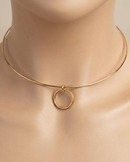 Gold Plated Steel Day Collar Rigid Torque 1.5 mm Dainty Choker Necklace with Engraved O Ring & Permanent Locking Option