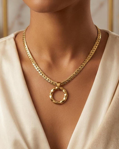 Gold Steel Day Collar, Hammered O-Ring Pendant, Locking Option - Herringbone Chain Symbolic Necklace