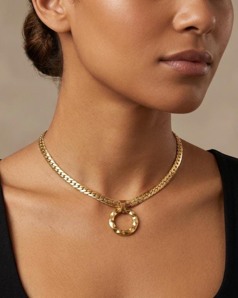 Mens Gold Steel Day Collar, Hammered O-Ring Pendant, Locking Option - Herringbone Chain Symbolic Necklace