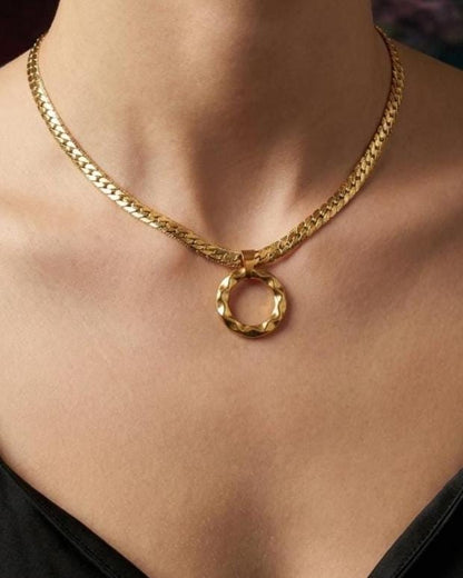 Mens Gold Steel Day Collar, Hammered O-Ring Pendant, Locking Option - Herringbone Chain Symbolic Necklace