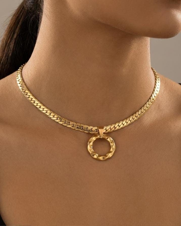 Mens Gold Steel Day Collar, Hammered O-Ring Pendant, Locking Option - Herringbone Chain Symbolic Necklace