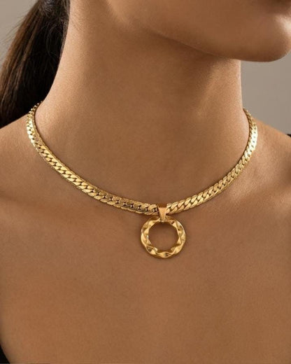 Mens Gold Steel Day Collar, Hammered O-Ring Pendant, Locking Option - Herringbone Chain Symbolic Necklace