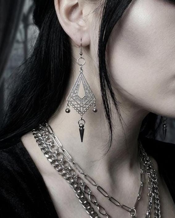 Gothic Spike Surgical Steel Chandelier Dangle Hoop Earrings: Goth Punk Jewelry