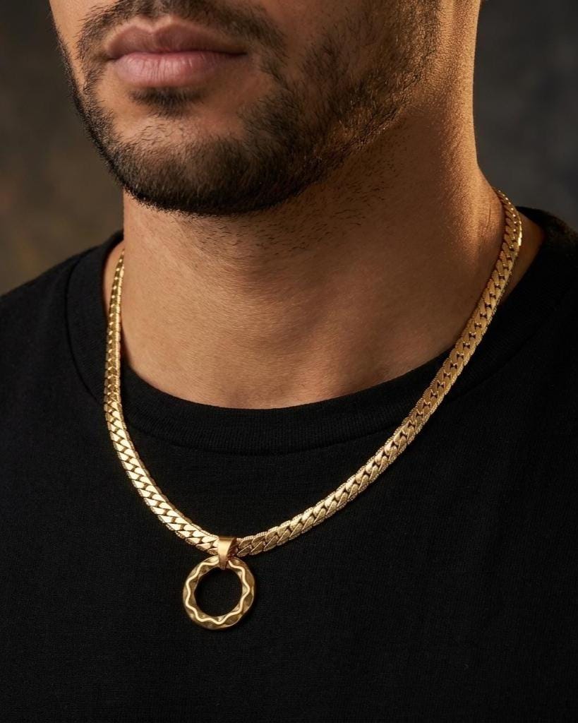 Mens Gold Steel Day Collar, Hammered O-Ring Pendant, Locking Option - Herringbone Chain Symbolic Necklace