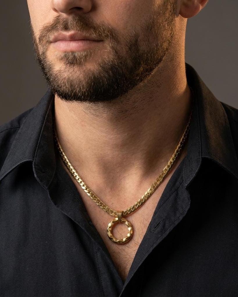 Mens Gold Steel Day Collar, Hammered O-Ring Pendant, Locking Option - Herringbone Chain Symbolic Necklace