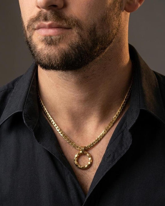 Mens Gold Steel Day Collar, Hammered O-Ring Pendant, Locking Option - Herringbone Chain Symbolic Necklace