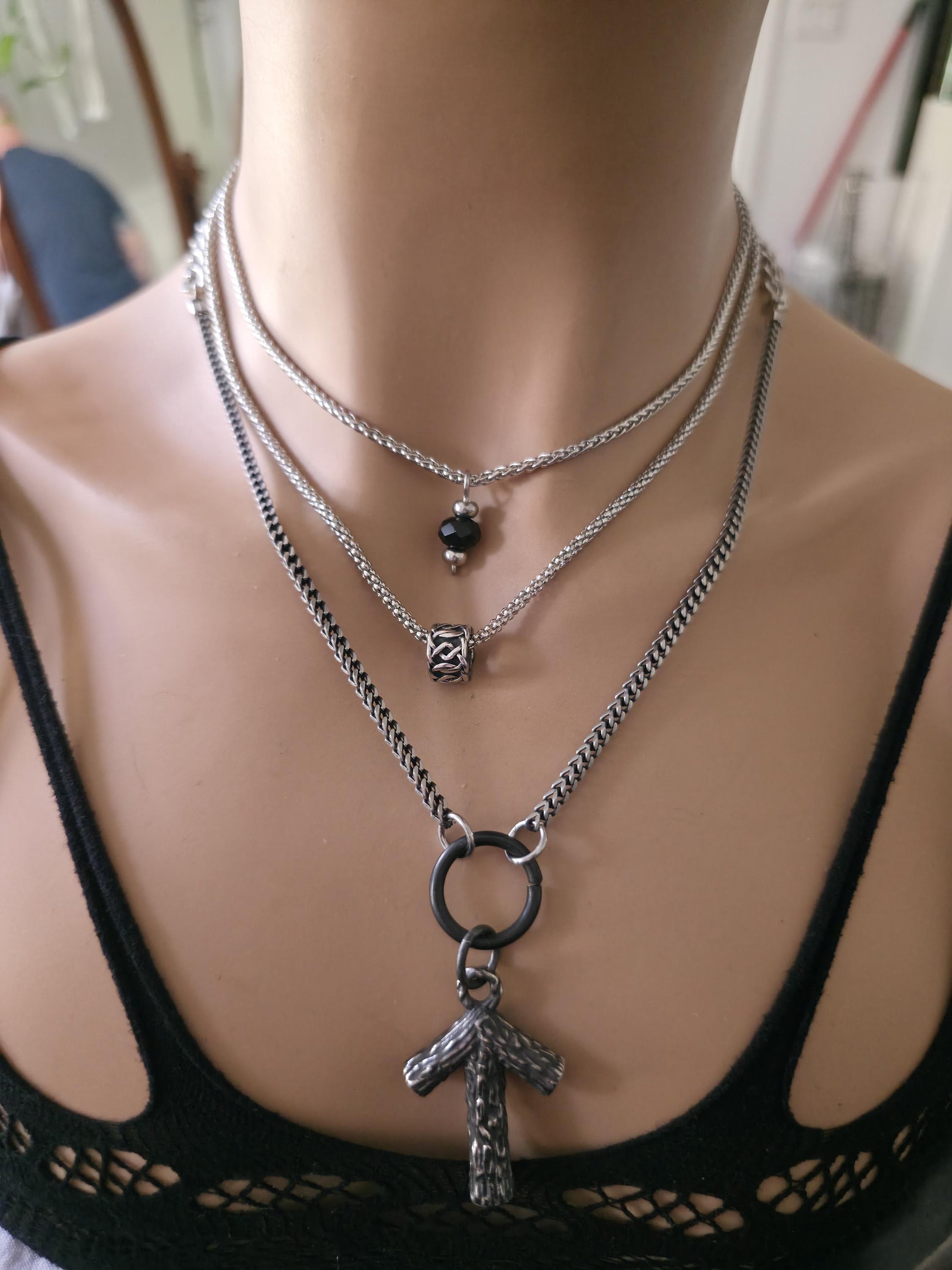 Norse Layered Necklace Set with Tiwaz Warrior Rune Pendant & Obsidian Protection Stone - Handwoven Chainmail Choker Steel Viking Jewelry