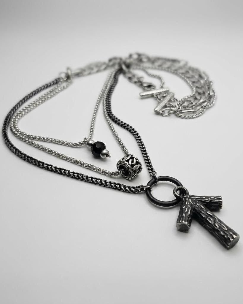 Norse Layered Necklace Set with Tiwaz Warrior Rune Pendant & Obsidian Protection Stone - Handwoven Chainmail Choker Steel Viking Jewelry