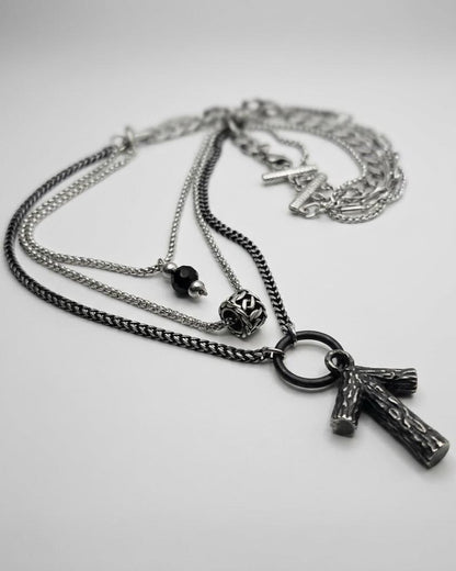 Norse Layered Necklace Set with Tiwaz Warrior Rune Pendant & Obsidian Protection Stone - Handwoven Chainmail Choker Steel Viking Jewelry