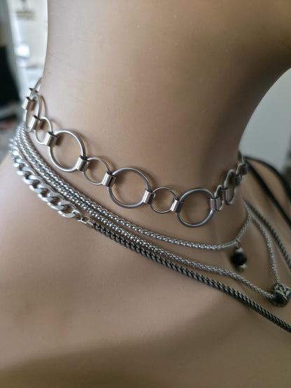 Norse Layered Necklace Set with Tiwaz Warrior Rune Pendant & Obsidian Protection Stone - Handwoven Chainmail Choker Steel Viking Jewelry