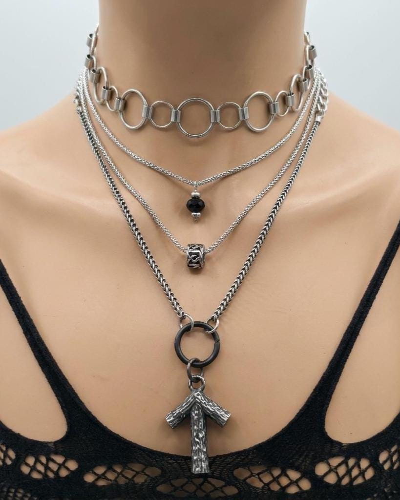 Norse Layered Necklace Set with Tiwaz Warrior Rune Pendant & Obsidian Protection Stone - Handwoven Chainmail Choker Steel Viking Jewelry