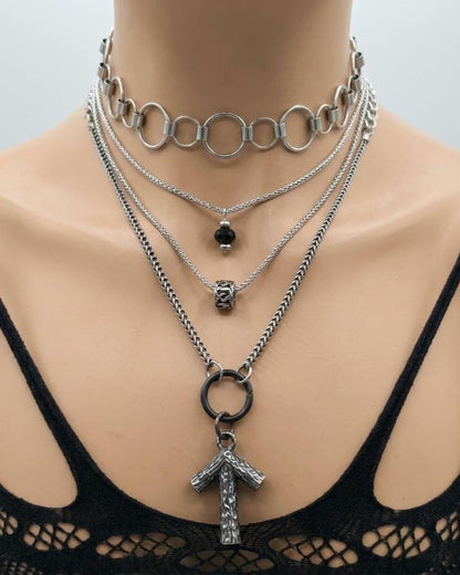 Norse Layered Necklace Set with Tiwaz Warrior Rune Pendant & Obsidian Protection Stone - Handwoven Chainmail Choker Steel Viking Jewelry