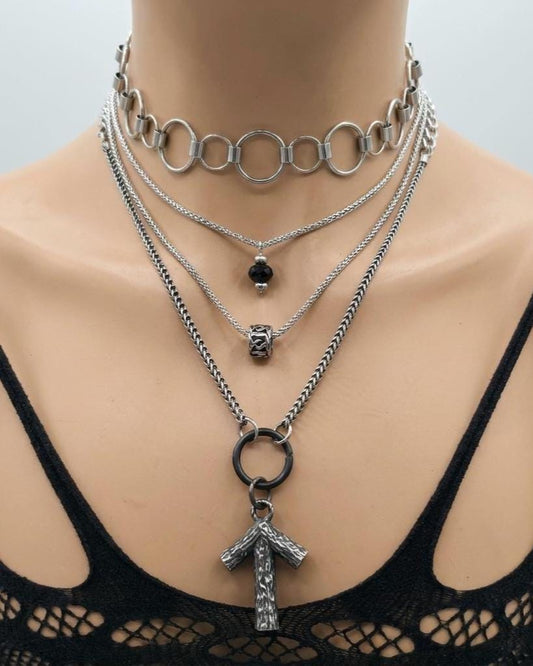 Norse Layered Necklace Set with Tiwaz Warrior Rune Pendant & Obsidian Protection Stone - Handwoven Chainmail Choker Steel Viking Jewelry