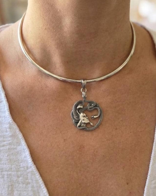 Medusa Necklace Stainless Steel Rigid Collar wtih Oxidized Medusa Pendant - Gothic Mythology Feminist Survivor Jewelry