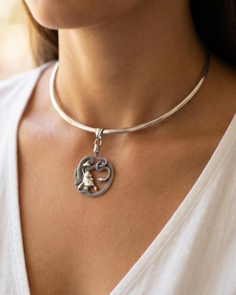 Medusa Necklace Stainless Steel Rigid Collar wtih Oxidized Medusa Pendant - Gothic Mythology Feminist Survivor Jewelry