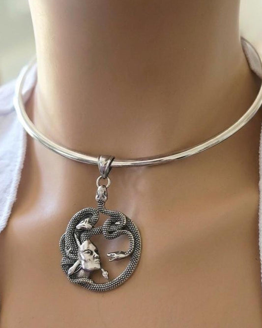 Medusa Necklace Stainless Steel Rigid Collar wtih Oxidized Medusa Pendant - Gothic Mythology Feminist Survivor Jewelry