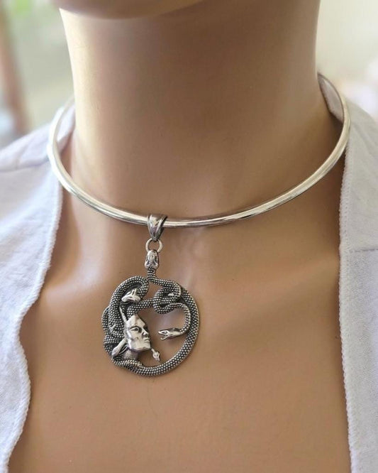 Medusa Necklace Stainless Steel Rigid Collar wtih Oxidized Medusa Pendant - Gothic Mythology Feminist Survivor Jewelry