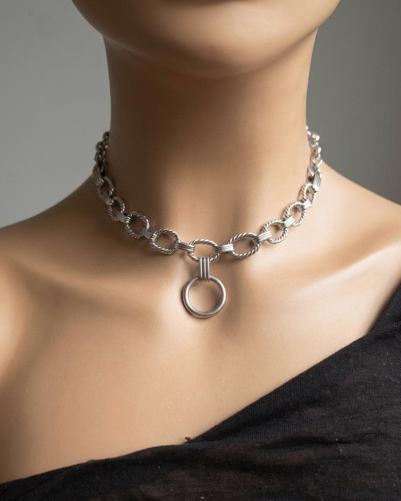Steel Day Collar Chunky Choker Geometric Circle Necklace with O Ring & Permanent Locking Option