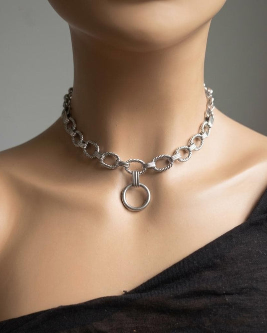 Steel Day Collar Chunky Choker Geometric Circle Necklace with O Ring & Permanent Locking Option
