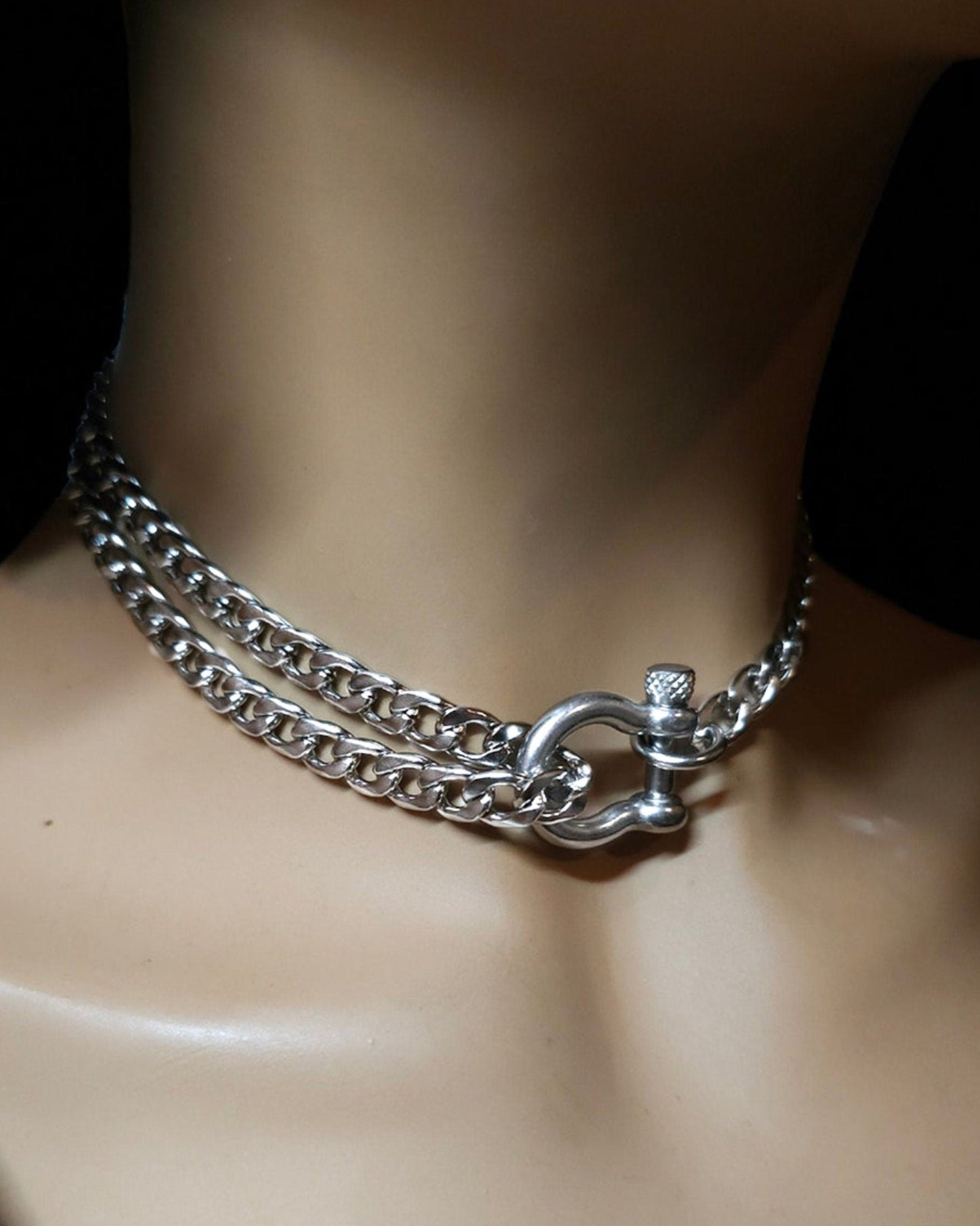 Steel Gothic Punk Collar Choker Layered Necklace Set Carabiner Lock - Bondage Day Collar, handmade grunge alt aesthetic jewelry